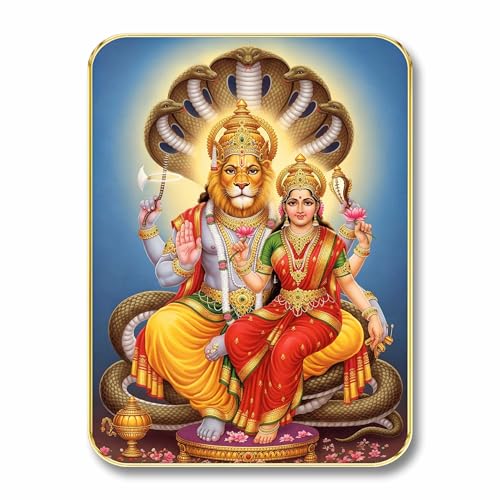 Image of SAF Lakshmi Narasimha Wall Art with Table Top Stand & Wall Hanging Hole | Premium MDF Narasimhar Lakshmi Painting for Home Mandir Office Vastu Protection Decor