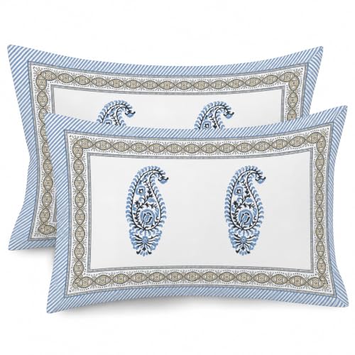 Image of ElanorHomes 180 TC Pure Cotton Pillow Covers Set of 2, Bedroom Pillows with Zip Closure, Soft Smooth Cool Breathable Pillowcases for Home (Blue Paisley Glow)