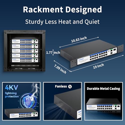 Image of 19-Port Ethernet PoE Switch, 16 PoE+ Ports @240W, 2 Uplink Gigabit Ports + 1 Combo SFP Slots, Easy Smart Managed Ethernet Switch, Metal Plug and Play, AI Extend &Vlan, Fanless, Overload Protection