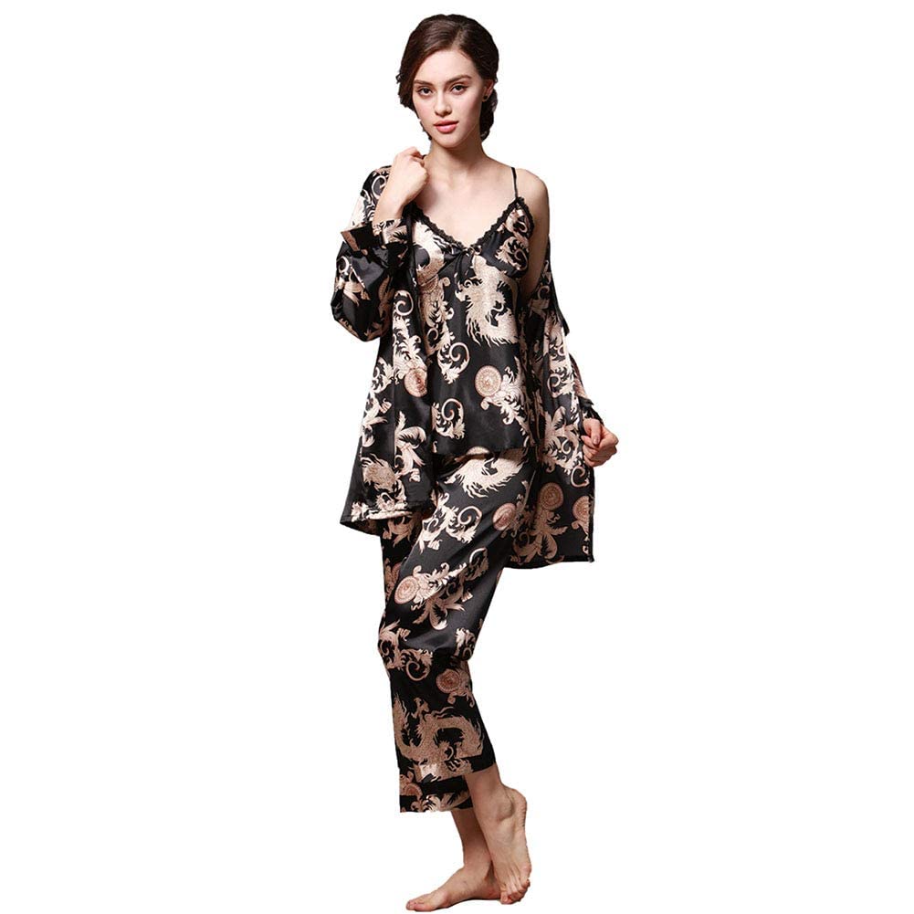 NC Womens Satin Robe Silk Pajamas for Women Long Sleeve Kimono Bathrobe Sleepwear Loungewear Nightwear for Women(Black for women, L)