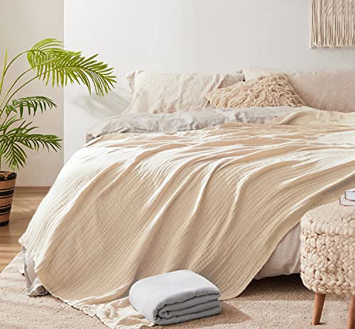 100% Organic Muslin Cotton Throw Blanket For Adults, Couch, Bedroom, 4-Layer Pre-Washed Plant Dyed Yarn, Breathable Soft, Cozy, Gauze Summer Lightweight Coverlet, All Season (90"X90" Ivory) #TOP11
