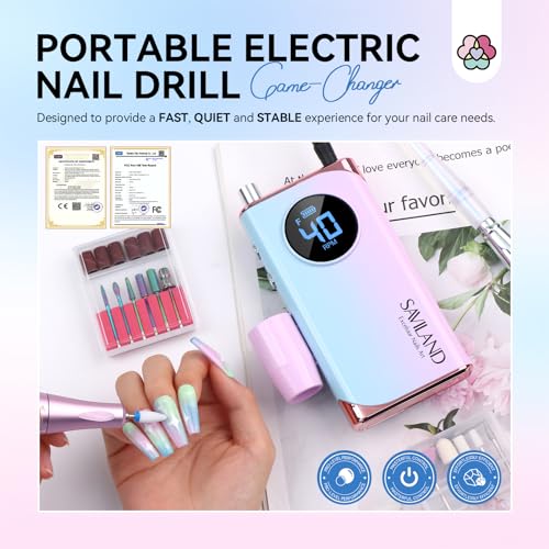 SAVILAND-Electric-Nail-Drill-Portable-40000RPM-Nail-Filer-Electric-Manicure-Pedicure13-Nail-Drill-Bits-for-Acrylic-Nails-False-Nails-Gel-Nails-Dip-Nail-Artificial-Nails-Home-Salon-Gradient-Color