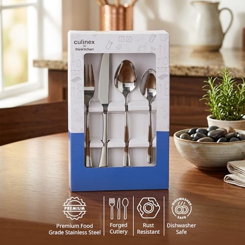 Image of Culinex Premium 18 /8 Stainless Steel, 20-Piece Cutlery Set | 6 All Purpose Spoon, 6 Fork, 6 Tea Spoon & 2 Table Knife | Silver Rustproof Flatware for Dining, Kitchen By thinKitchen