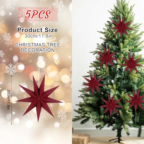 Image of 12 Inches 5 PCS Wine Red Paper Star Lanterns Christmas Party Decorations Hanging Stars Christmas Party Decorations Wedding Birthday Christmas Home Party Decorations(9 Pointed)