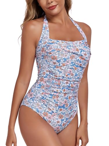 Image of Smismivo Tummy Control Swimwear Halter One Piece Slimming Vintage Retro Swimsuit Womens Ruched Push Up Bathing Suit