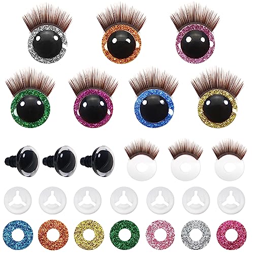 TOAOB 28pcs Plastic Safety Eyes 12mm Glitter Safety Eyes with Washers and Brown Eyelashes for Amigurumis Craft Crochet Eyes for DIY Puppet Bear Stuffed Animal Doll Making