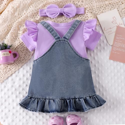 Baby Girl Clothes Newborn Baby Girl Romper Ruffle Short Sleeve Cute Bear Cartoon Jeans Skirt Outfit Set 0-18 Months3
