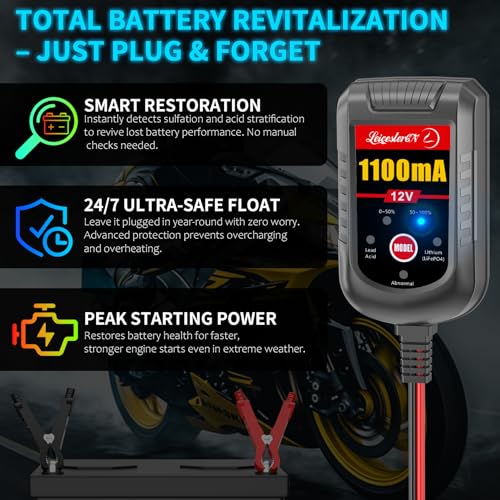 Image of Motorcycle Battery Charger and Maintainer 12V, 1.1Amp Smart Trickle Charger - Automatic Float Charger for Cruiser Sport Bike ATV Scooter Dirt Bike Lawn Mower, LiFePO4 Lithium Lead Acid AGM Gel