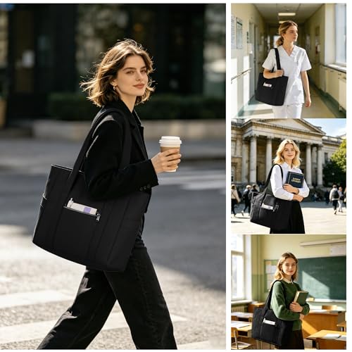 Image of CTWWFS Large Tote Bag for Women with Zipper, Nylon Lightweight Work Tote with 15.6 inch Laptop Sleeve, Nurse Bag for Work College