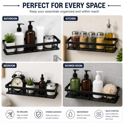 Image of Misamo Enterprise Bathroom Organiser Without Drill | Bathroom Accessories Set | Soap Stand for Bathroom | Plastic Bathroom Shelves Wall Mount | Washroom Storage Organizer | Pack of 2, Black