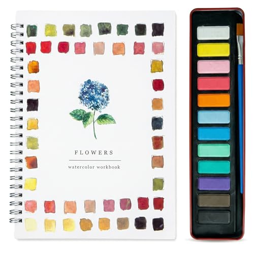 YUFFQOPC 12 Flower Watercolour Workbook with Paints for Adult Beginners