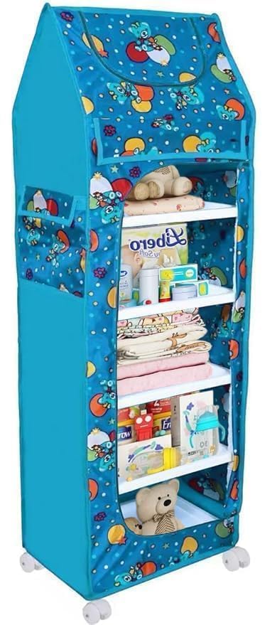 Image of SUBEKYU Kids Plastic Wardrobe Rack with Removable Cover, Baby Clothes Organizer & Storage Cabinet, Plastic Office Rack, White, Firozi