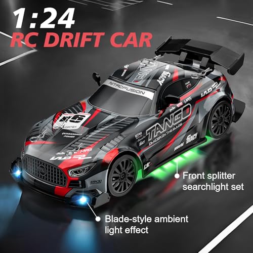 Image of RC Drift Car,1:24 4WD High Speed Electric Remote Control Car with LED Lights,Drifting Tires,2 Batteries,Dual Mode Tires,Hobby Racing Toy Car for Adults & Kids