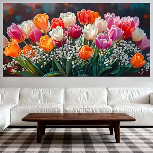 Diamond Painting Kit Completo, Diamond Painting Adultos Grande Tamaño 50x100cm, DIY Flor Pintura de Diamantes, Cuadros con Diamantes Punto de Cruz de Mosaico, Decoración Salón (Tulipán) QL-678