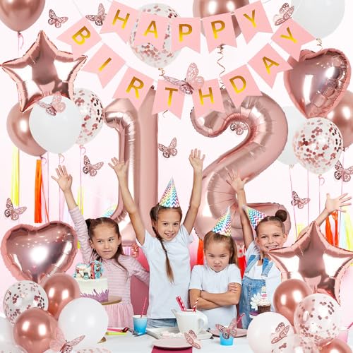 Image of Rose Gold 12th Birthday Decorations for Girl, 12 Year Old Sign with Happy Birthday Banner, 40In Number 12 Foil Birthday Balloons, Butterfly Decorations, Heart and Star Balloons