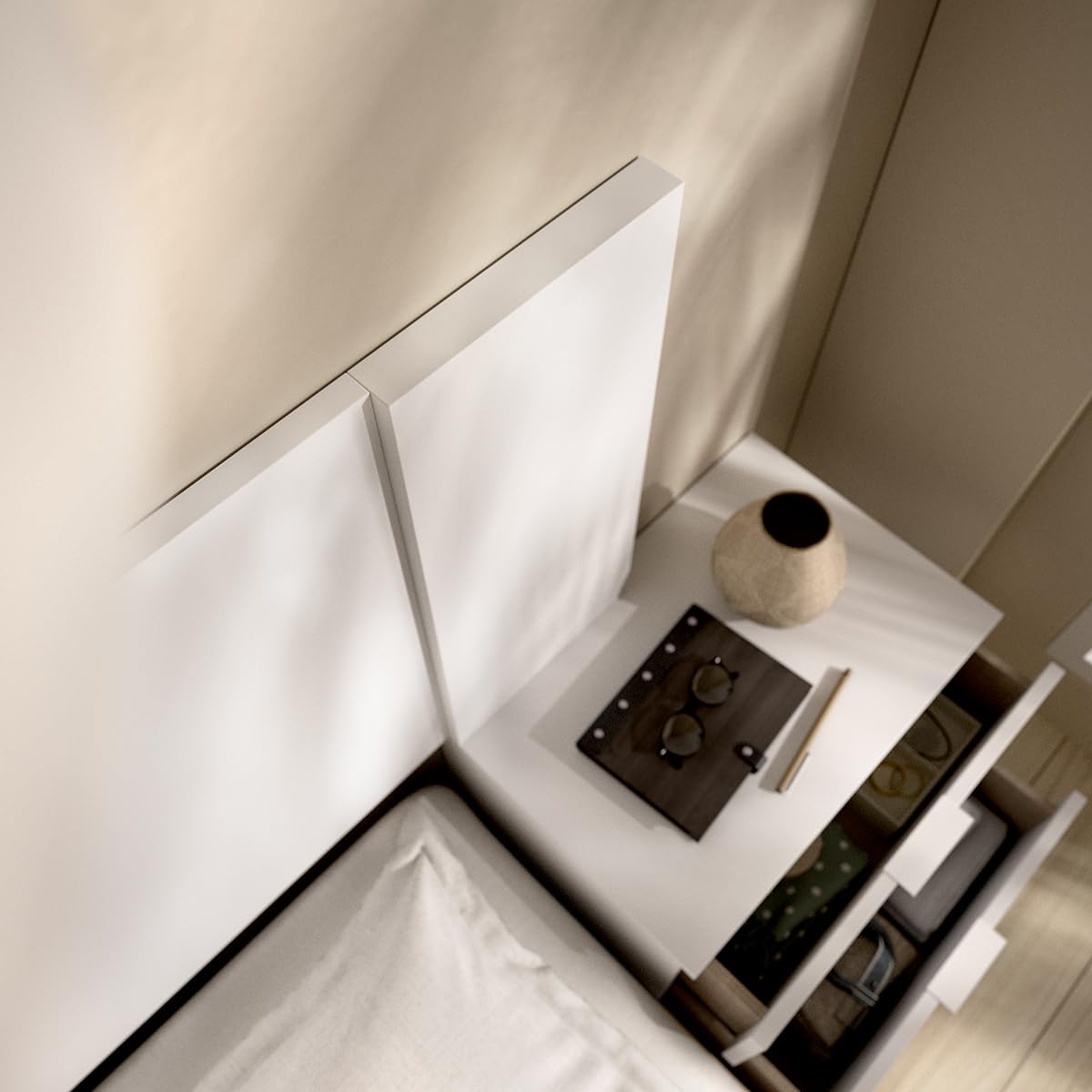 DEKIT Grupo RIMOBEL - Cabezal len para Cama DE 150CM con 2 MESITAS - Blanco - 96x251x34,2cm