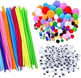 Das Paket beinhaltet: 250 Pompons, 150 selbstklebende Wackelaugen, 300 Chenille-Stiele. Menge: 500 STÜCKE