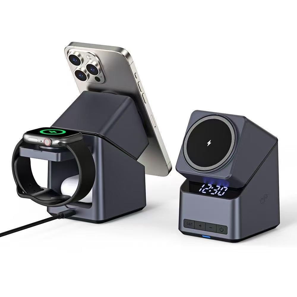 4-in-1 Magnetic Wireless Charging Station with Digital Clock, 15W Fast Charger Dock for iPhone 12/13/14/15/16, AirPods Pro/3/2, Apple Watch All Series, Alarm Clock Nightstand Charging Stand