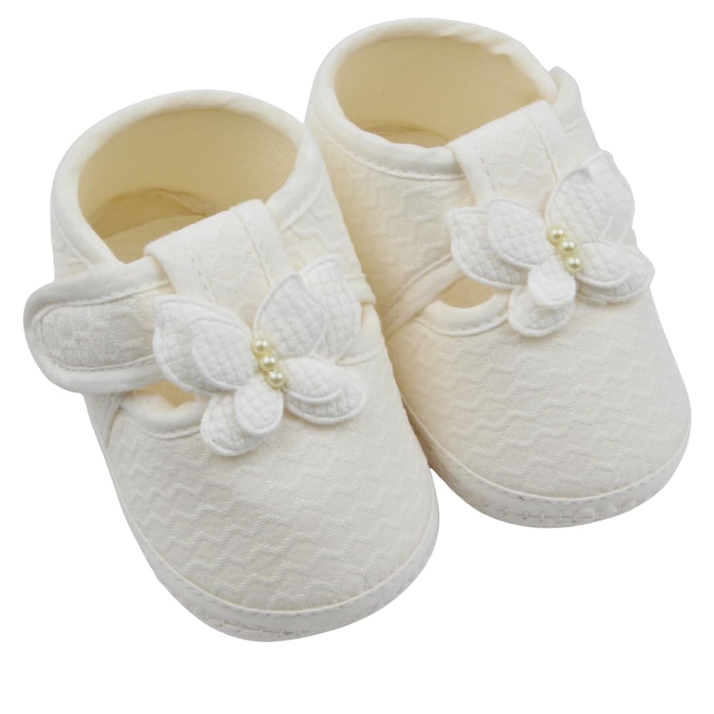 6 to 12 Months Baby Girls Soft Cotton White Butterfly Hook & Loop Belly Sandal Booties