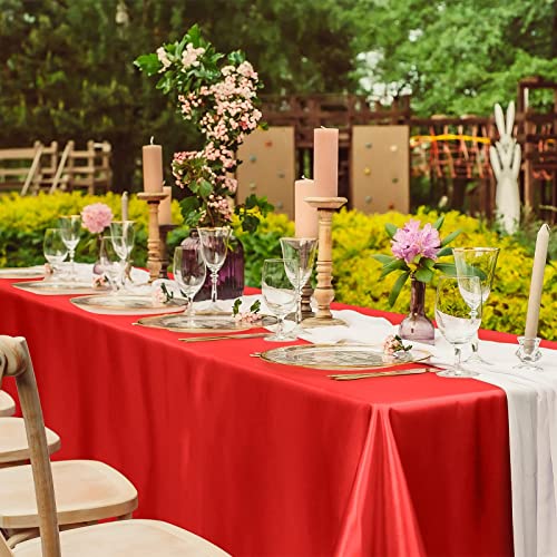 Image of TURSTIN 4 Pack Red Satin Tablecloth 102 x 58 Inch Overlay Table Cover