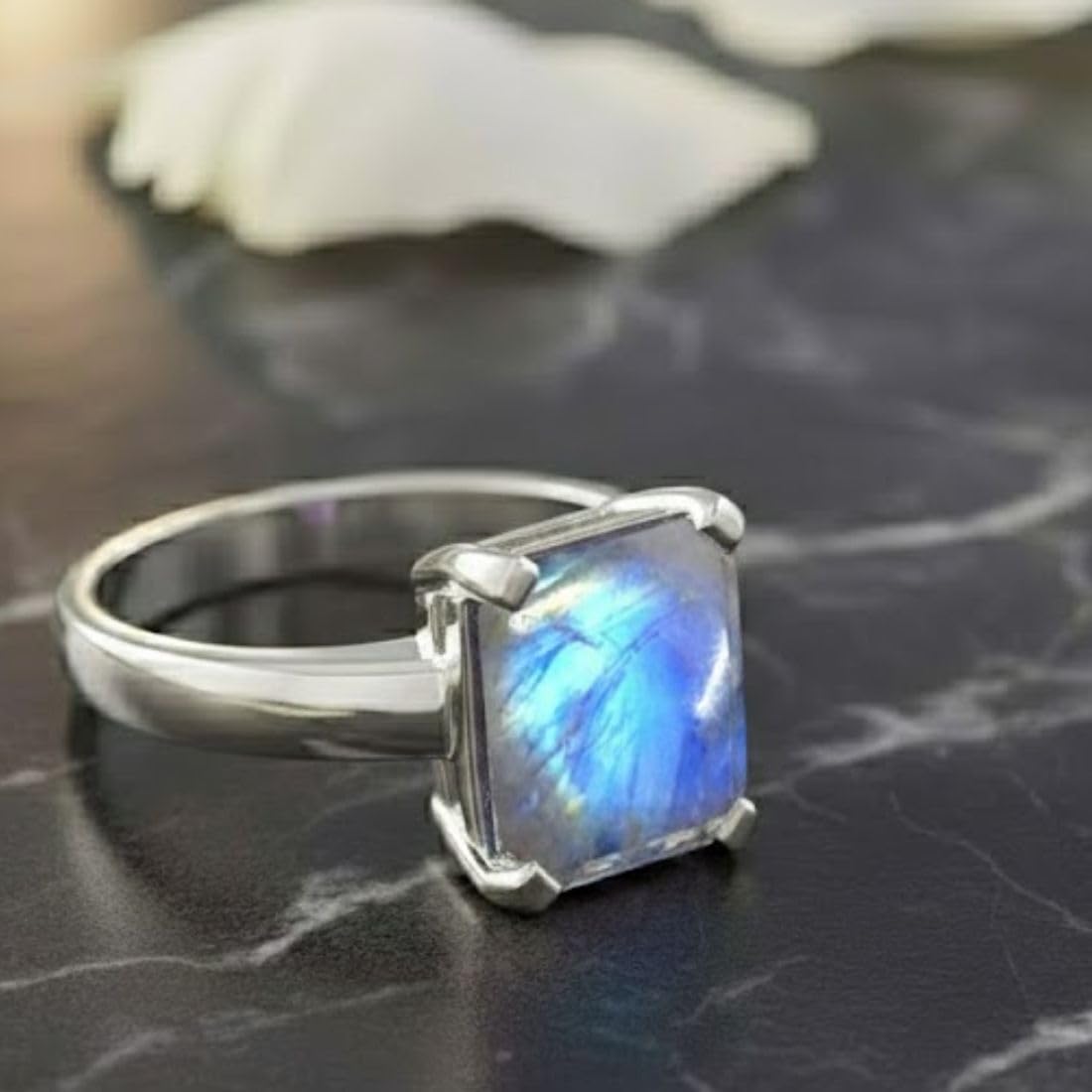 Ring mit natürlichem Edelstein, Silber, Geburtsstein, Smaragdschliff, Handamde, Größe H bis Z