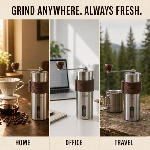 Image of AXEON Manual Coffee Grinder | Hand Coffee Grinder with Adjustable Ceramic Burr | Stainless Steel Coffee Bean Grinder | Portable Coffee Grinder for Espresso, Pour Over, French Press & Moka Pot