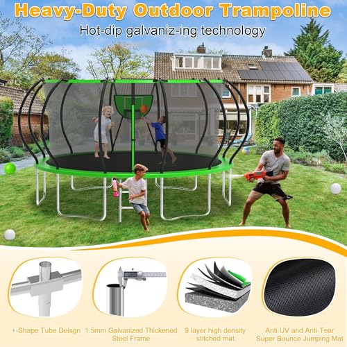1500LBS Tranpoline Outdoor 8 10 12 14 16FT Tranpoline for Kids and Adults,【Easy to Install & Built to Last】 Recreational Tranpolines with Net, Light+Sprinkler, Basketball Hoop, ASTM Approved