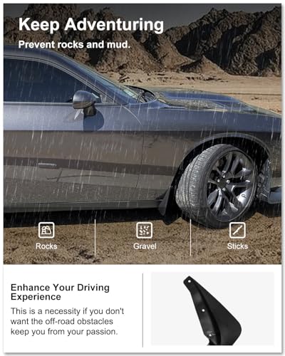Image of KIWI MASTER Mud Flaps Splash Guards for 2015-2023 Dodge Challenger Accessories Replace OEM # 82214141 82214142 Front & Rear Fender Flaps Heavy Duty Molded