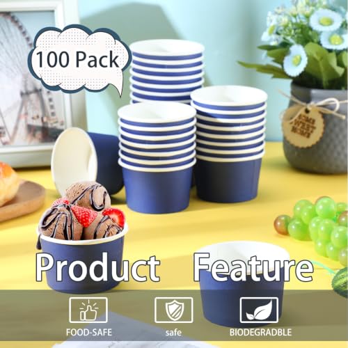 Image of Didaey 100 Pcs Paper Ice Cream Bowls Disposable Dessert Cups Yogurt Sundae Containers Disposable Yogurt Dessert Bowls for Food, Party Supply, Soup, Ice Cream, Blue(5 oz)