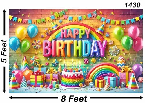 Image of Backdropon Rainbow with Cake Themed Happy Birthday Design Backdrop for Birthday Decoration Traditional /Background Curtain Cloth for Party /Festival Size 5 Feet Height and 8 Feet Width(5 * 8)