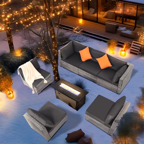 FHFO 7 Pieces Outdoor Patio Furniture Set, Outdoor Conversation Sets Wicker Sectional Couch Rattan Sofa with Thick Cushions & Coffee Table for Garden, Balcony, Backyard, Grey-Grey - Thumbnail 2