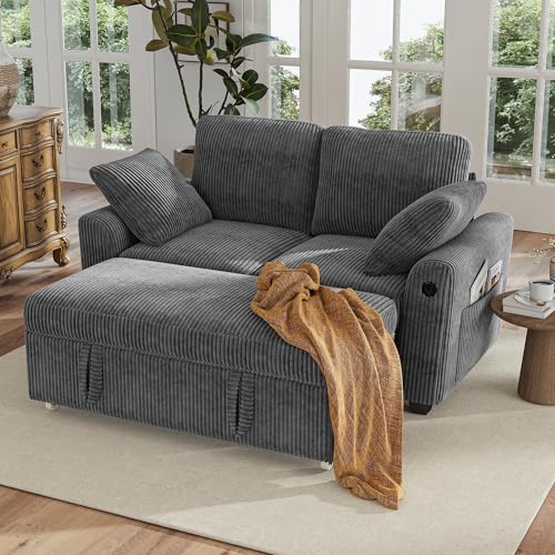 Image of Hanherry 59 inch Loveseat Sofa with Pull Out Couch Bed, Corduroy 2-in-1 Convertible 2 Seater Sleeper Sofa with USB Charging,Comfy Love Seat for Small Spaces Living Room Apartment