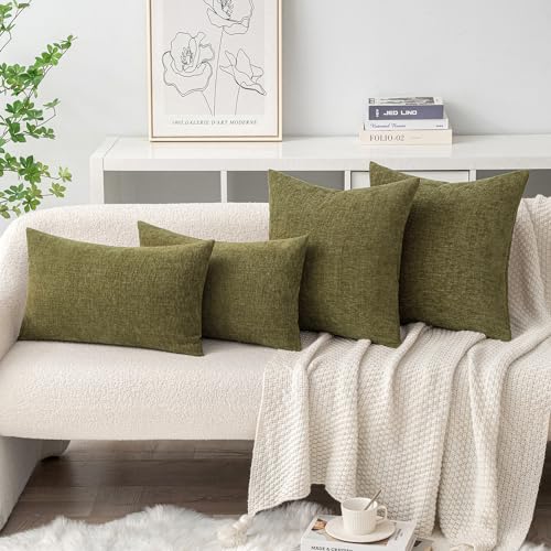 Image of MIULEE Pack of 2 Couch Throw Pillow Covers 18x18 Inch Soft Olive Green Chenille Pillow Covers for Sofa Living Room Solid Dyed Pillow Cases