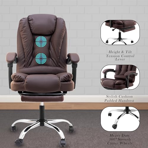 Image of Casa Copenhagen Italia Leatherette Office Chair for Work | Boss Chair, Ergonomic Executive, Luxurious Cushioned Arms & Seat, 2 Point Back Massager, Adjustable Leg Rest, Heavy Duty Metal Base(Brown)