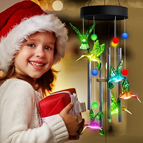 Wind Chime, Hummingbird Solar Wind Chimes with Aluminum Tubes and LED Bulbs Color Changing Hummingbird Lights for Indoor Outdoor Decor, Hummingbird Gifts for Daughter Mom Grandma