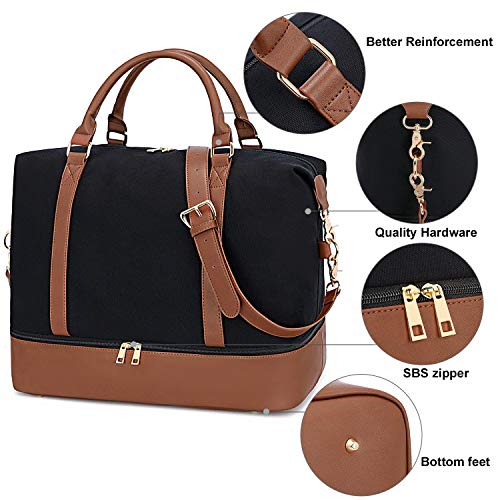 CAMTOP Canvas Weekender Bag, Carry On Travel Tote Overnight Duffel Bag with Shoe Compartment and Trolley Sleeve (B-Black)