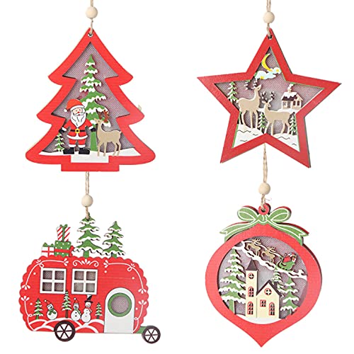 Led Light Christmas Decor Ornaments Pendants Hanging Hollow Wood Pendants Car Trees, Five-Pointed Star Ornaments for Xmas Home Party New Year Indoor Decoration (Hollow Wood Pendants)