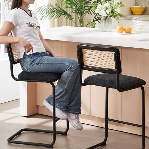 Image of ONEVOG Rattan Counter Height Bar Stools Set of 4, 26 inch Boucle Barstools with Natural Solid Wood Cane Back & Matte Black Metal Legs, Upholstered Counter Kitchen Island Chairs, Cantilevered Design, Black