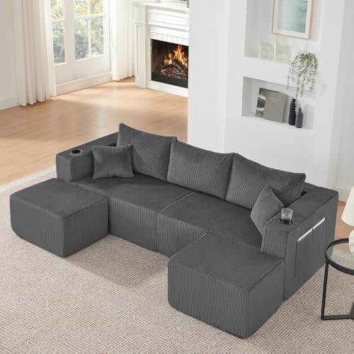 Sapgaks - Sofá esquinero convertible de 4 plazas, sofá convertible de 4 plazas, sofá de 4 plazas, comprimido con pufs móviles, tela de pana suave, portavasos, bolsillo lateral y cojín (Gris-1)