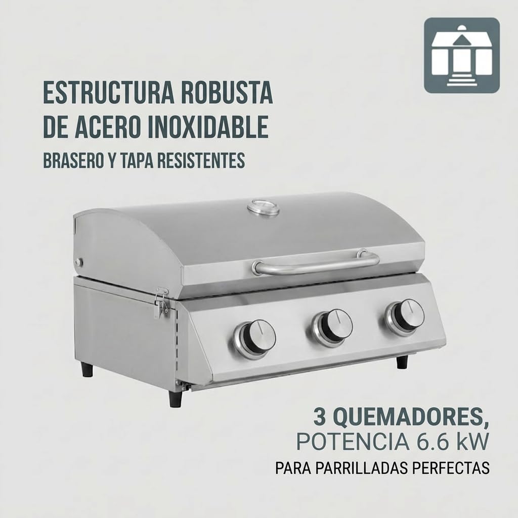 Tarrington House Barbacoa de Gas de Sobremesa Cathan, Acero Inoxidable, 3 Quemadores x 2,2 kW, Termómetro Integrado, Bandeja Recogegrasa, Portatil