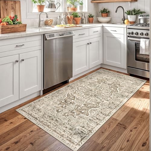 KUTA Vintage Floral Rug 3x5, Area Rugs for Living Room Beige Brown Washable Kitchen Carpet Non-Slip, Ultra Soft Printed Distressed Vintage Entry Low-Pile Throw for Living Room Dorm Décor