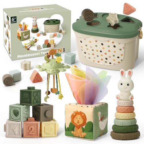 Juguetes Bebes 6 Meses, 5 en 1 Juguetes Montessori Bebes 6 12 Meses con Caja Pañuelos Bebe, Clasificación y Apilamiento de Formas, Bebe Mordedor & Educativos, Regalos Bebés Montessori 7 8 9 Meses