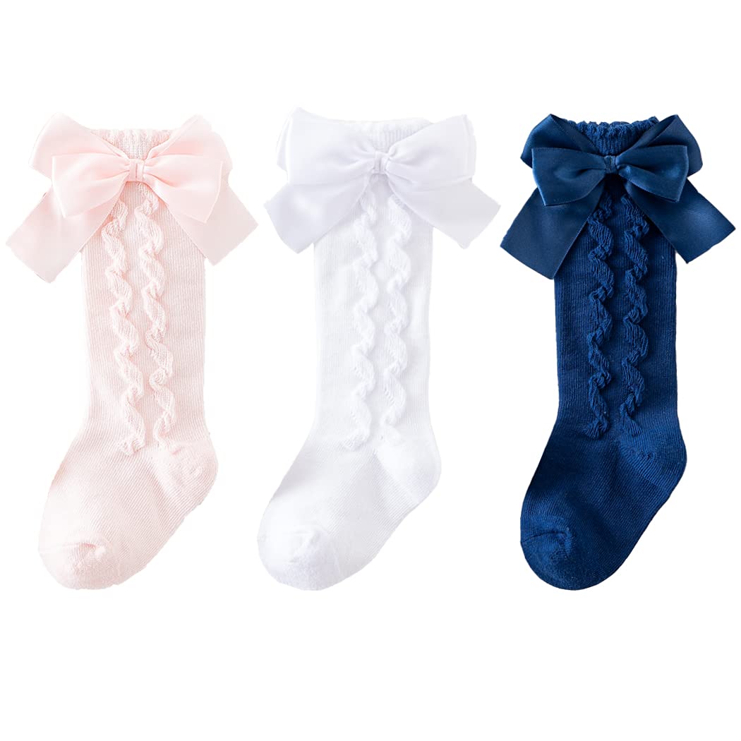 TIBE PINCESS Baby Girls Knee High Tube Socks for Toddler Bowknot Wave Ribbed Socks Uniform Leggings 3 Colors Size 6-12 Months