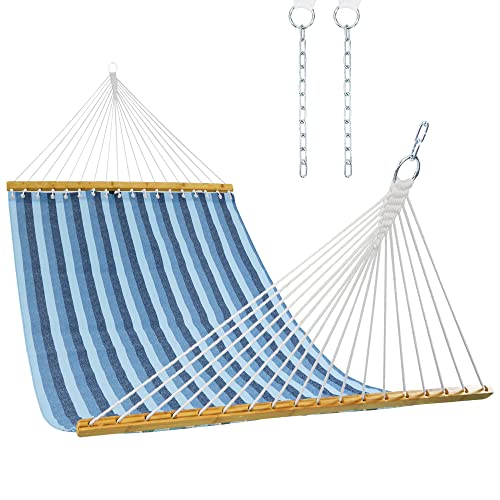Lxoohy 12Ft Quick Dry Double Size Outdoor Hammock With Bamboo Spreader Bar, 2 Person Hammock With Chains And Hooks For Patio Garden Poolside Backyard Beach Use, 440 Lbs Capacity, Blue Stripe #TOP4