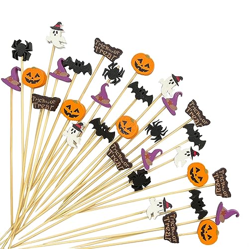 100 Pcs Halloween Cocktail Picks Pumpkin Spider Hat Ghost Trick or Treat Bat Bamboo ToothPicks Appetizer Bamboo Toothpicks for Halloween Party Masquerade Prank Makeup Cake Food Decoration