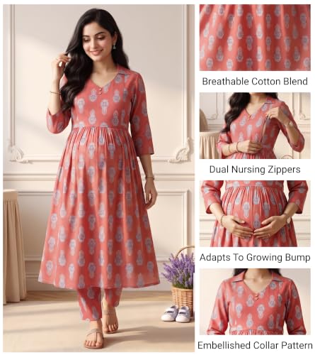 Image of DUMMY SHAPE Maternity Dresses for Women Cotton | Floral Kurta Pant Dupatta Set with Nursing Zippers, Side Pocket | Pre & Post Pregnancy | Feeding Kurti Suit | Baby Shower | Gifts for Pregnant Woman