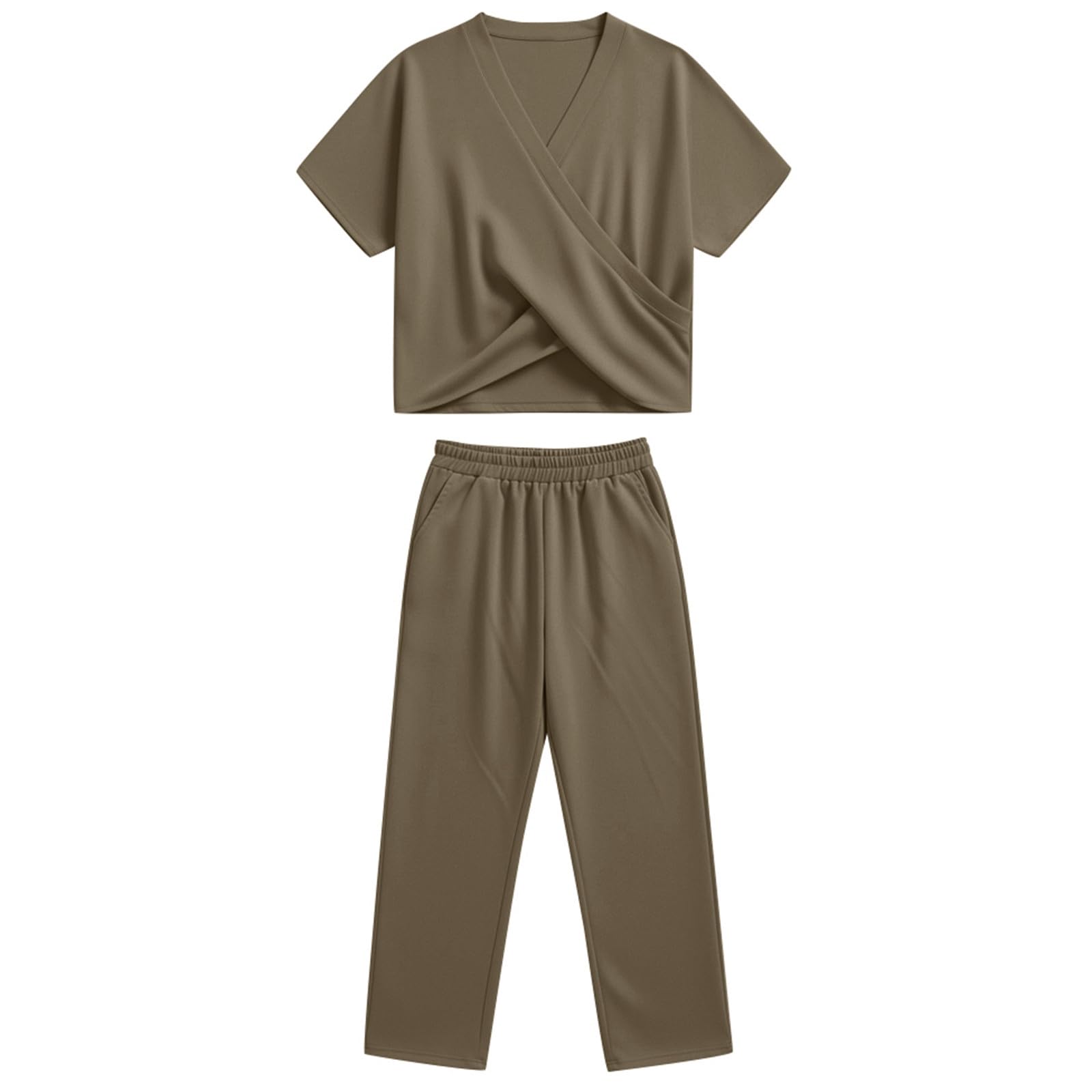 Generisch Survêtement élégant pour femme - En lin - Deux pièces - Pantalon et haut à manches courtes - Col en V - Couleur unie