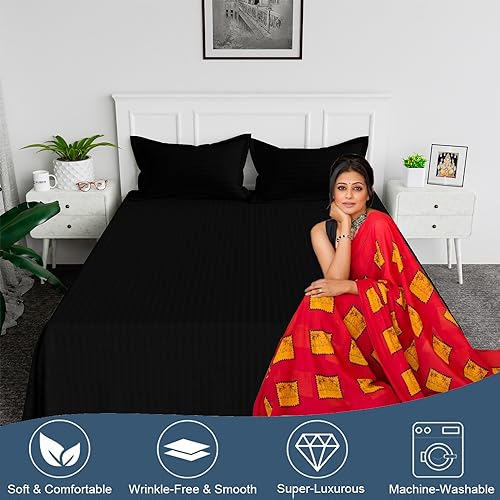 Image of Kuber Industries Double Bedsheet with 2 Pillow Covers | 144 TC Glace Cotton Bedsheet | Satin Striped Bedsheet for Home | Bedroom | 90x100 Inch | Black