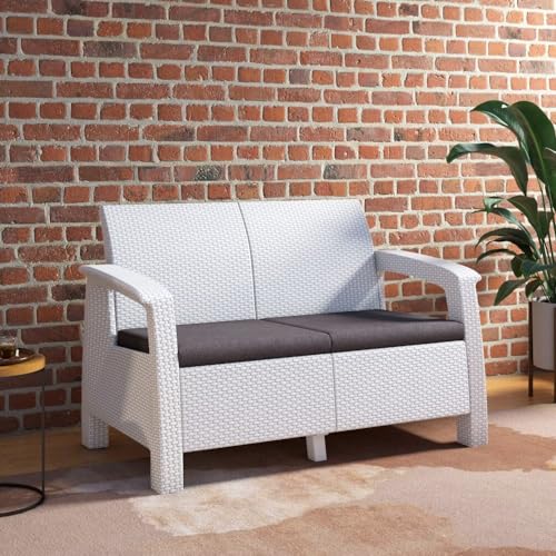 Image of Nilkamal Plastic Goa 2 Seater Balcony Sofa With Cushion | Indoor & Outdoor Furniture | Patio Chair Two Seater | Gardens Poolside Cafes Restaurants And Terraces Milky White & Grey