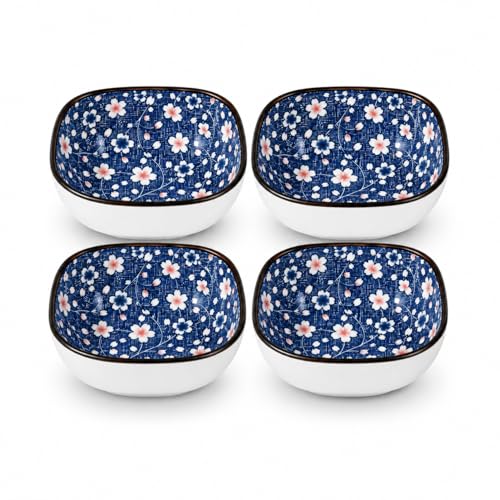 Image of Japanese Style Ceramic Dip Bowl Set of 4 | 200 ml Small Serving Bowls for Sauces, Snacks, Chutney & Desserts, Floral Blue Square Bowls | Porcelain Bowls for Kitchen & Dining (Midnight Sakura)